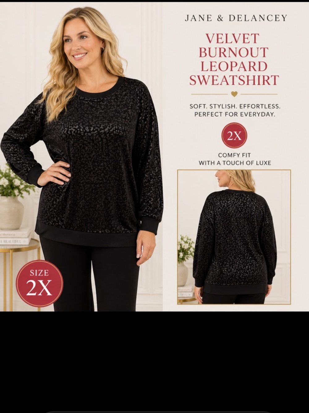 Jane & Delancey Womens 2X Velvet Burnout Leopard Fleece Lined Sweatshirt